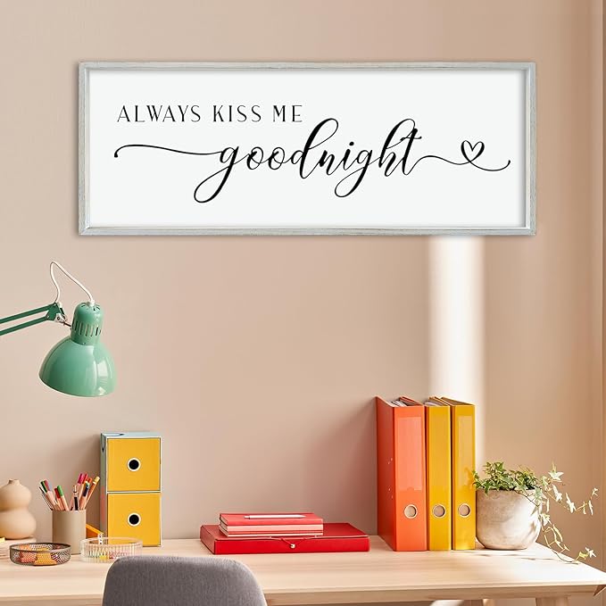 comurdyo Always Kiss Me Goodnight Sign for Bedroom Above bed Wall Decor 40''×15'' Large Wood Frame For Couples Over Bed Hanging Wall Art (White)-Ruum Studio Home
