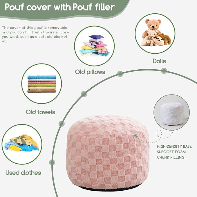 HIGOGOGO Round Stuffed Pouf Ottoman, Plaid Poufs with Foam Chunk Filling, Fluffy and Furry Pouf Foot Stool Storage Ottoman, 20 X 15 Floor Poufs Foot Rest for Living Room, Pink-Ruum Studio Home