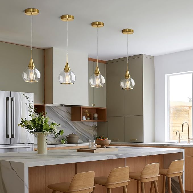 Pendant Light Fixtures Kitchen: Brushed Gold Farmhouse Island Light with Clear Glass - 6 Inch Mid Century Globe Kitchen Lighting Chandeliers Ceiling for Dining Room-Ruum Studio Home