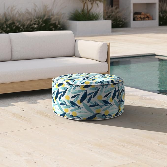 Inflatable Ottoman Stool D21 xH9 for Outdoor/Indoor Use, Water Repellent Patio Foot Rest Stool with Portable Handle,Round Pouf Ottoman Suitable for Garden,Deck and Camping - Leaves Multi-Ruum Studio Home