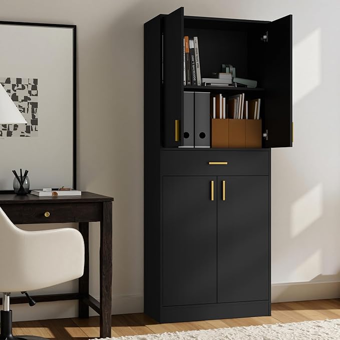 Cozy Castle Pantry Cabinet, 71" Tall Kitchen Storage Cabinet with Doors and Shelves, Freestanding Wood Cupboard Utility Hutch with Drawer for Dining Room Living Room Bathroom Furniture, Black-Ruum Studio Home