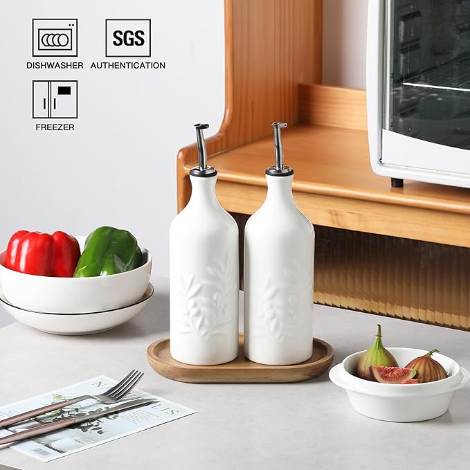 Sweejar Ceramic Olive Oil Dispenser Bottle, 20 Oz Relief Opaque Oil Cruet Protects To Reduce Oxidation, Suitable for Storage,Vinegar, Soy Sauce,Liquids,Set of 2 (White White)-Ruum Studio Home