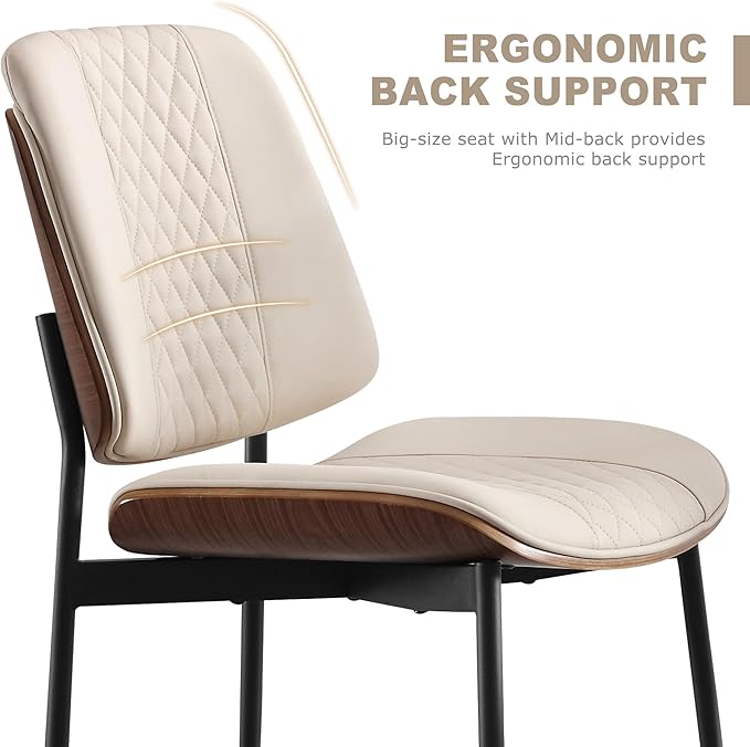BV Dining Chairs Set of 2, PU Leather Armless Kitchen Chair in Modern Walnut Style, Mid Century Bentwood Side Chair with Metal Legs, Retro Accent Guest Chair for Kitchen Dining Room(Beige)-Ruum Studio Home