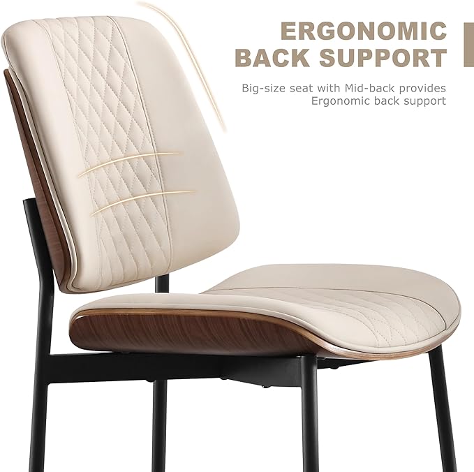 BV Dining Chairs Set of 6, PU Leather Armless Kitchen Chair in Modern Walnut Style, Mid Century Bentwood Side Chair with Metal Legs, Retro Accent Guest Chair for Kitchen Dining Room(Beige)-Ruum Studio Home
