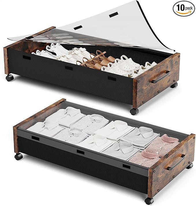 Wooden Under Bed Storage with Wheels, Rolling Under the Bed Storage Bins with Removable Lid, Metal Under Bed Drawers for Clothes and Shoes in Bedroom or Living Room(Vintage Brown-2pack)-Ruum Studio Home