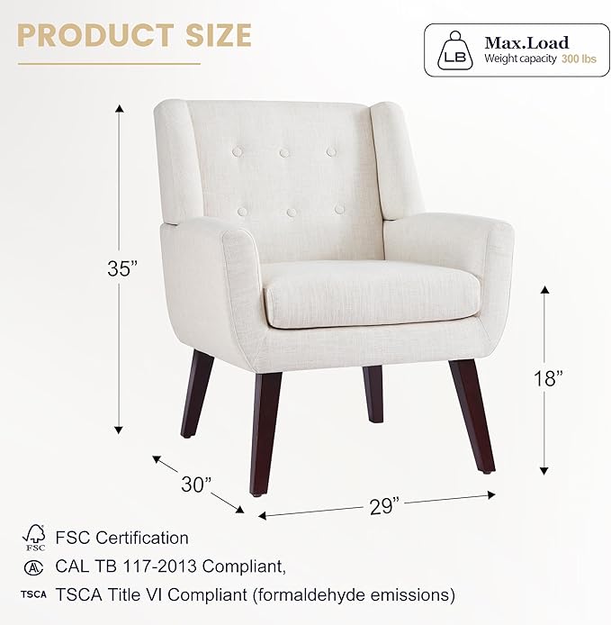HUIMO Button-Tufted Accent Chairs Set of 2,Upholstered Reading Living Room Chair,Mid Century Modern Chair with Linen Fabric, Club Chair,Comfy Arm Chairs for Living Room,Bedroom,Beige-Ruum Studio Home