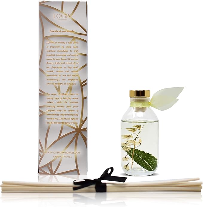 LOVSPA Reed Diffuser Set, Japanese Honeysuckle Scented Oil Diffuser with Sticks, Home Fragrance Accessories for Bathroom Shelf Decor, Aroma Diffusers for Home or Office Desk, USA Made-Ruum Studio Home