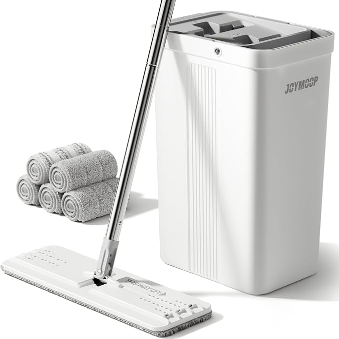 JOYMOOP Mop and Bucket with Wringer Set, White Flat Squeeze Mop Bucket Set for Floor Cleaning, Wet Dry Mop for Walls, Wall Cleaner with Long Handle, Hardwood Floor Mop-5 Microfiber Cloths-Ruum Studio Home