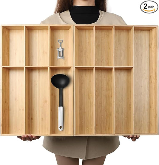 V-Shaped Extra Large Bamboo Drawer Organizer Set of 2, Kitchen Cutlery Tray Utensil Plate, Flatware&Silverware Storage Box, Wood Organizer for Bedroom, Living Room (19.6"x14.6" & 19.6"x12.4")-Ruum Studio Home