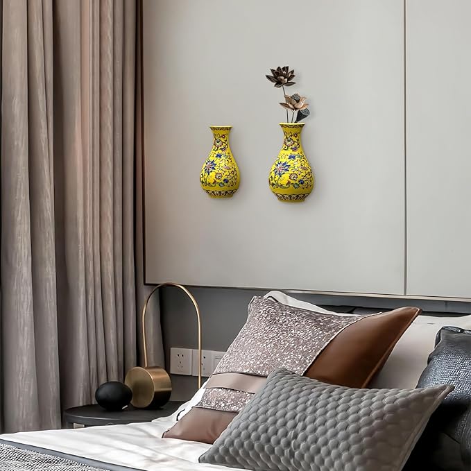 Set of Two Handmade Chinese Blue & White Porcelain Wall Mounted Vases – Chinoiserie Ceramic Flower Vase for Indoor Home Décor, Wall Hanging Vases for Living Room & Bookshelf-Ruum Studio Home