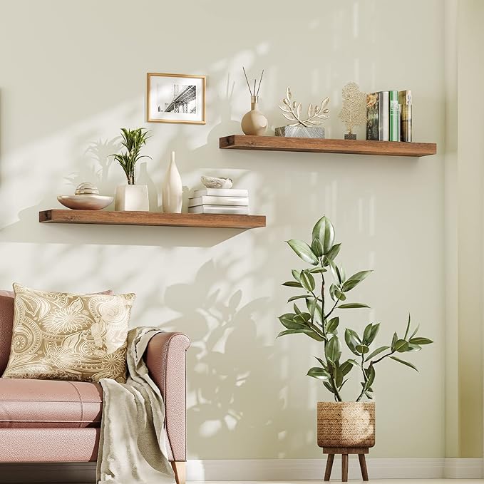 HOOBRO Floating Shelves for Wall, Wall Mounted Shelf Set of 2, 47.2" Hanging Shelf with Invisible Brackets, for Wall Bathroom, Bedroom, Toilet, Kitchen, Living Room, Office, Rustic Brown BF120BJP201-Ruum Studio Home