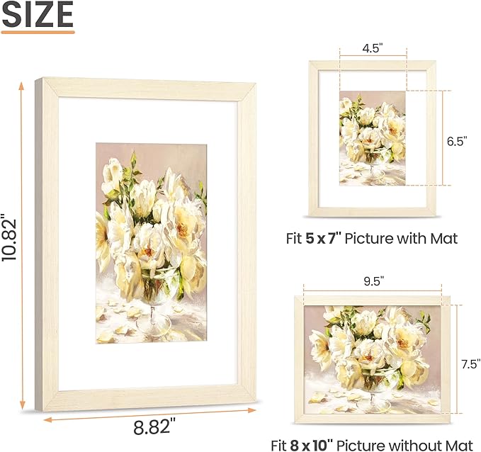 upsimples 8x10 Picture Frame, Natural Solid Wooden Picture Frames, Display 5x7 with Mat or 8 x 10 Without Mat, Wall or Tabletop, 1 Pack, White-Ruum Studio Home