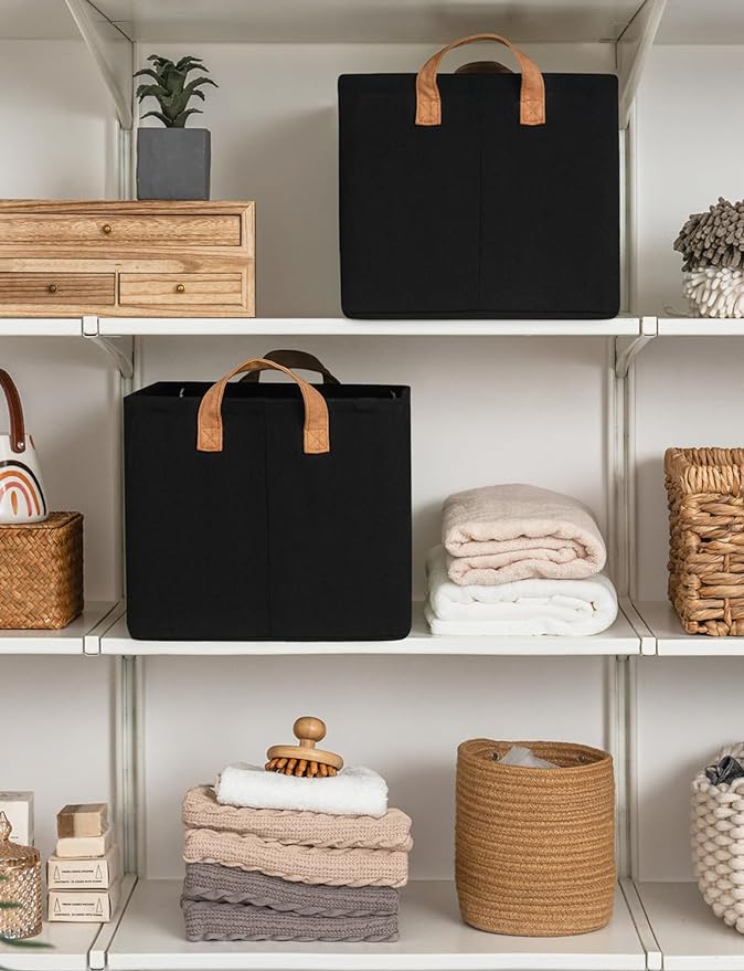 StorageWorks Storage Bins, Fabric Storage Bins for Shelves, Large Storage Baskets with Metal Frame, Closet Baskets and Bins with Handles, Black, 2-Pack-Ruum Studio Home