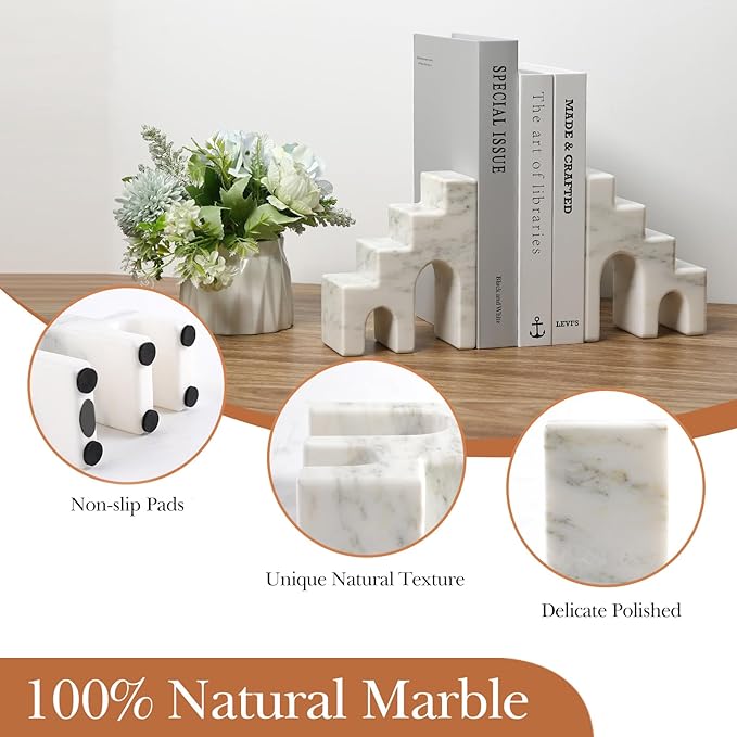 Natural Marble Book Ends for Shelves, Decorative Bookends for Heavy Books, CastleGuard Bookend Book Holder Stopper for Home Office Desk Bookshelf Decoration, Set of 2 (Oriental Calacatta)-Ruum Studio Home