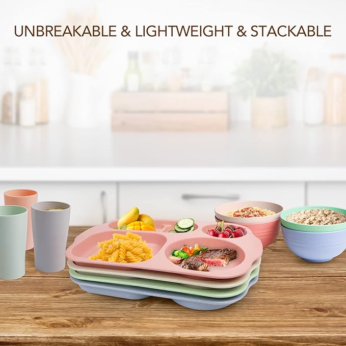 greenandlife 12 Inch (4PCS) Large Unbreakable Divided Plates for Kids Adults, Dishwasher & Microwave Safe Plate, Lightweight Reusable Plastic Compartment Plates, BPA Free and Healthy-Ruum Studio Home