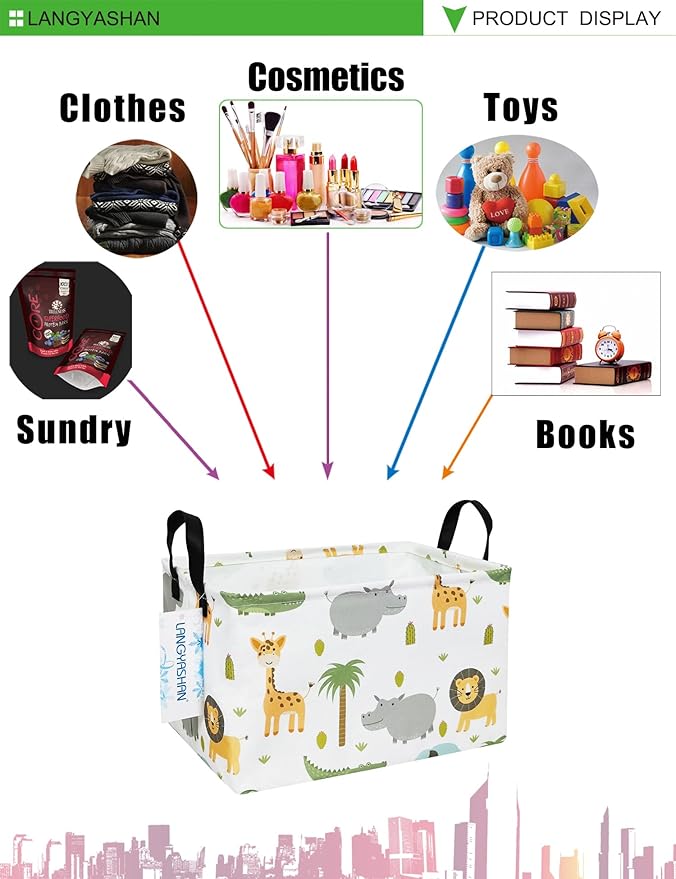 LANGYASHAN Rectangular Storage Bin Collapse Canvas Fabric Cartoon Storage Basket with Handles for Organizing Home Kitchen Boys and Girls Toys Office Closet Shelf Baskets (Rec animal)-Ruum Studio Home