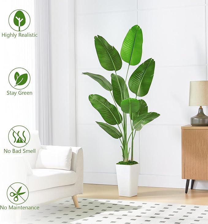 Faux Bird of Paradise Silk Artificial Plant Faux Banana Leaf Tree for Home Decor Indoor Floor Plant with 11 Trunks (1, Black Planter, 6.6 FT)-Ruum Studio Home