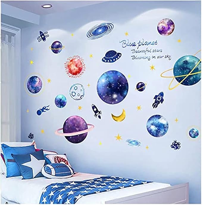 Quanhaigou Blue Purple Galaxy Wall Decals, Removable Sticker,The Art Magic 3D Milky Way Cosmic Stars Spacecraft Dreamscape Home Decor for Bedroom Living Room Floor Ceiling Kids Room-Ruum Studio Home