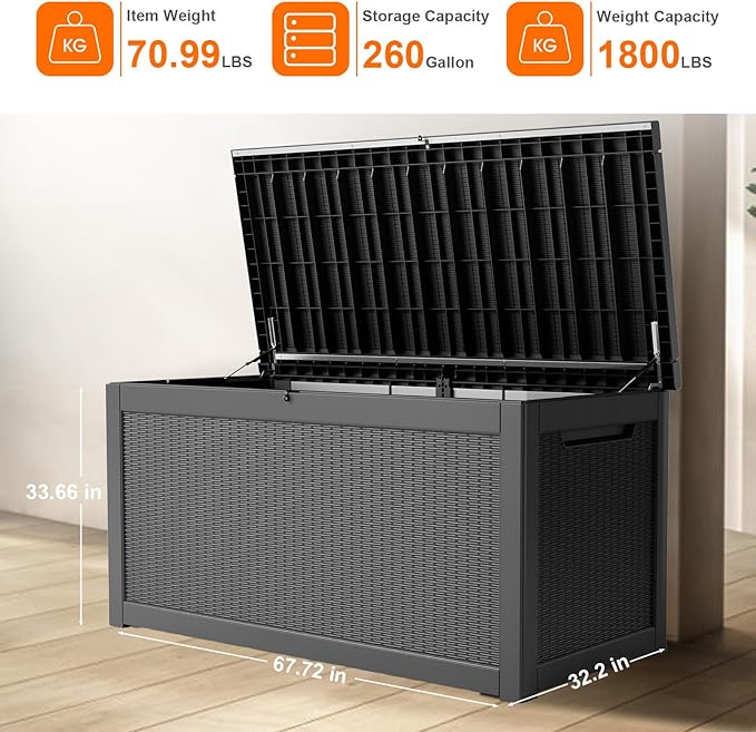 260 Gallon Resin Deck Box, Lockable Patio Outdoor Storage Box for Furniture, Garden Tools and Tools Storage, Waterproof Outside Storage Boxes - Black-Ruum Studio Home