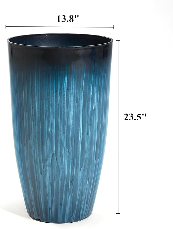 Worth Garden 23.5" H. Large Plastic Planters - Set of 2 Gradient Blue Glossy Smooth Finish - Tall Plant Pots for Indoor & Outdoor Use - Decorative Lightweight Flower Pot for Front Porch, Patio, Deck-Ruum Studio Home