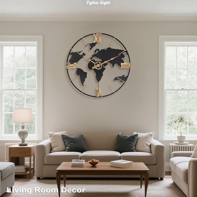 30 Inch Large Modern Decorative Metal World Map Wall Clocks Giant Extra Vintage Gold Roman Numeral Oversized Wall Clock for Living Room,Office,Dining Room,Entryway,Fireplace-Ruum Studio Home