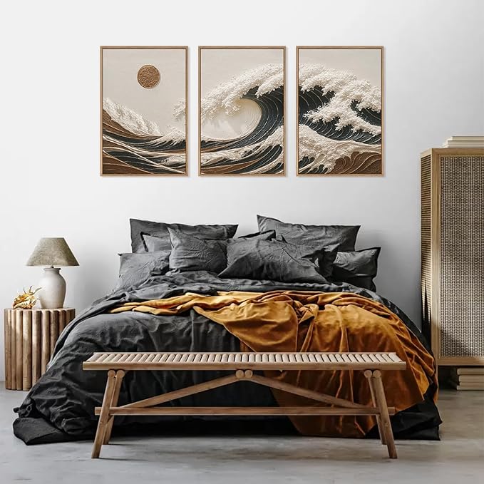 HLNIUC Sea Wave Framed Canvas Wall Art,Abstract Sun Seascape Wall Decor Set of 3(16”x24”) Large Modern Ocean Beach Art Print,Great Wave Sunset Pictures Canvas Famed Painting for Living Room,Bedroom-Ruum Studio Home