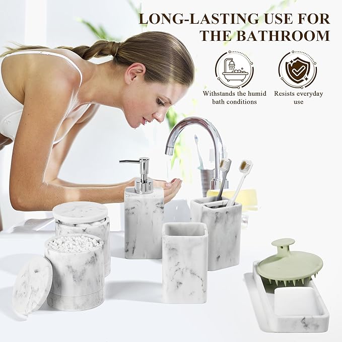 Bathroom Accessories Set, 6 Piece Bathroom Set with Toothbrush Holders, Soap Dispenser, Vanity Tray, Tumbler, Cotton Swab Jars, Bathroom Organizer，Bathroom Sink Sets, Artificial Marble White-Ruum Studio Home