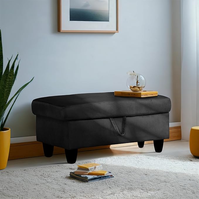 Ottoman Rectangular Storage Ottoman Bench, Flannel Footrest Stool Footstool with Lid for Living Room, Bedroom, Entryway, Black, 28.5"x19"x17.5"-Ruum Studio Home