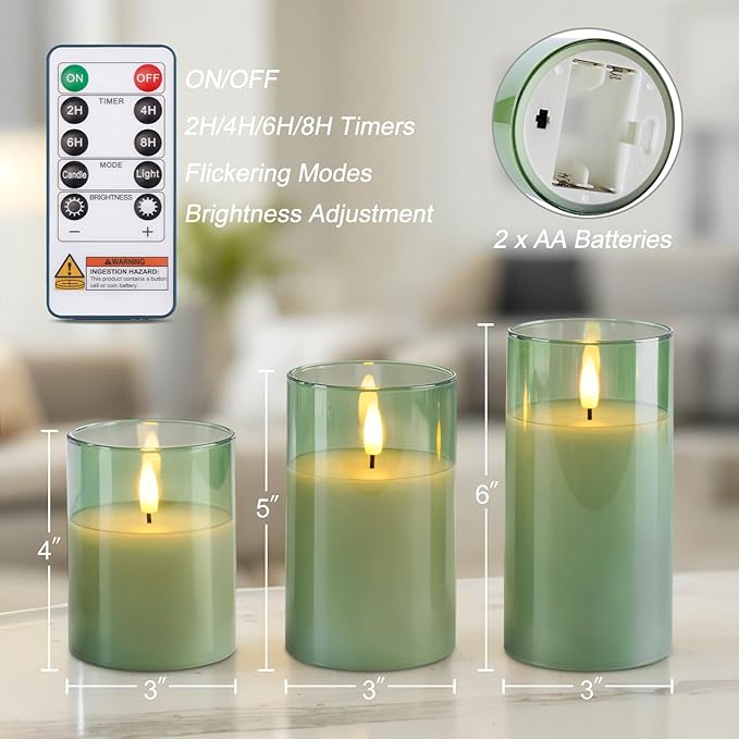 Homemory Green Glass Flameless Candles, Battery Operated LED Pillar Candles with Remote Control and Timer, Radiance Candles, Real Wax, Set of 3,D3 xH4 5" 6"-Ruum Studio Home