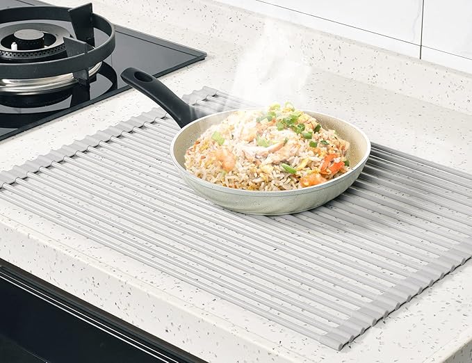Surpahs Over Sink Foldable Multipurpose Roll-Up Dish Drying Rack, Silicone Wrapped Stainless Steel, Warm Gray, 20.5" x 15.5"-Ruum Studio Home