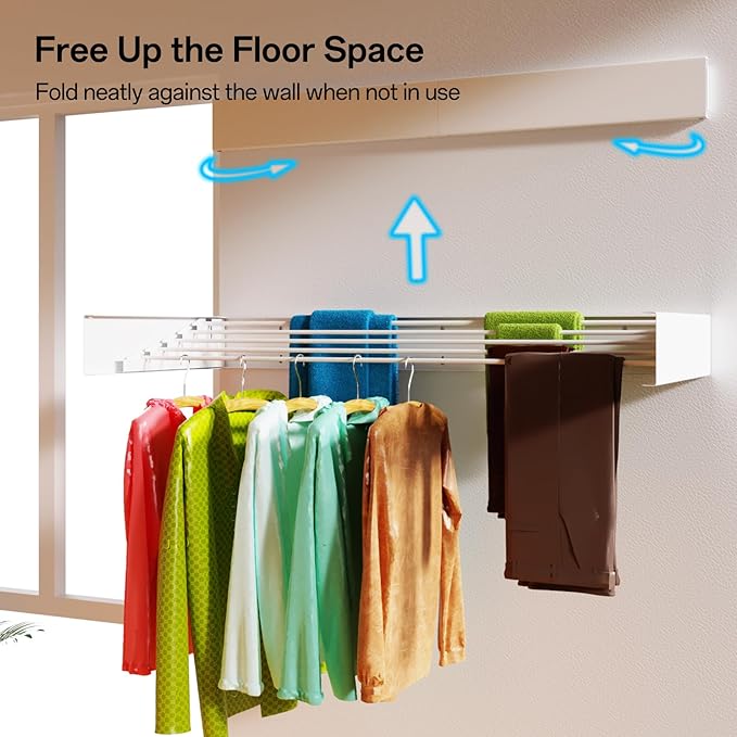 Wall Mounted Drying Rack for Laundry 40'', Folding Drying Rack Clothing Wall Mount with 5 Rods, Space Saving for Indoor Outdoor Bathroom Balcony (White, 40'')-Ruum Studio Home