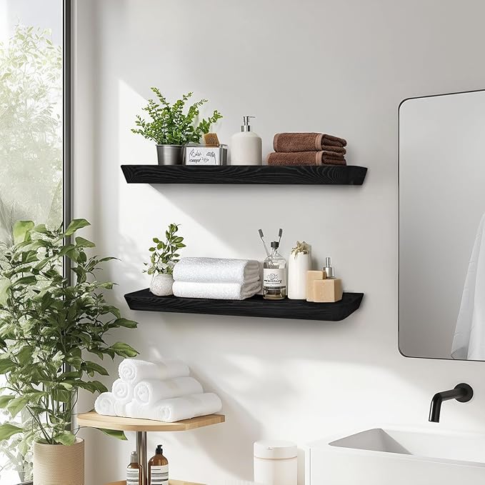 24"x6.8"x1.6" Slanted Floating Wall Shelves 2-Pack - Rustic Black Finish, Heavy-Duty Solid Wood Design with Hidden Brackets - Perfect for Living Room, Kitchen, Bathroom, or Office-Ruum Studio Home