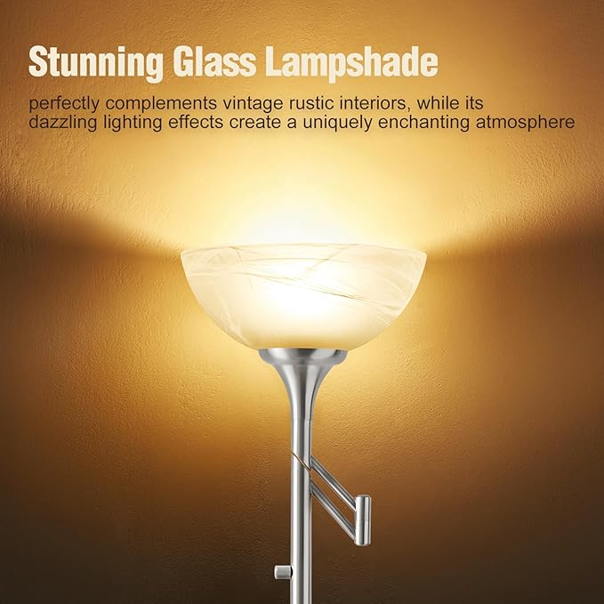 Floor Lamps for Living Room Silver, 70" Tall Standing Lamp with Glass Shade, Bedroom Floor Lamp with 350°Adjustable Swing Arm Lamp, Pole lamp for Bedroom, Living Room, Office, Bulbs Included-Ruum Studio Home