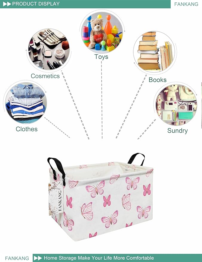 FANKANG Storage Bins, Nursery Hamper Canvas Laundry Basket Foldable with Waterproof PE Coating Large Storage Baskets for Kids Boys and Girls, Office, Bedroom, Clothes,Toys(Rec-pink butterfly-Ruum Studio Home