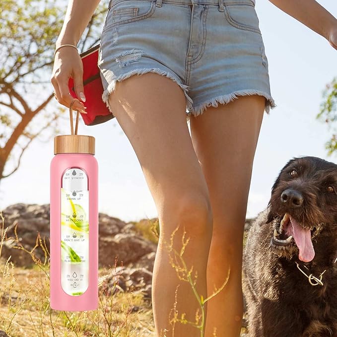 Aqulea Glass Water Bottles 25 Oz with Silicone Sleeve - BPA Free Reusable Wide Mouth Glass Motivational Water Bottles with Fruit Infuser – Leak Proof Borosilicate Water Bottle with Time Marker (Pink)-Ruum Studio Home