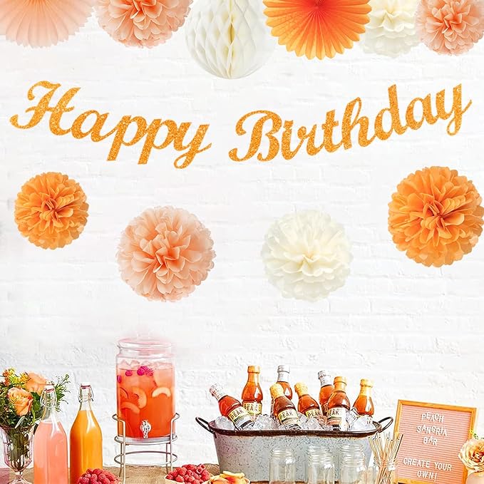 Orange Hippie Birthday Party-Decorations Paper-Flowers - 14pcs Happy Banner Fall Honeycomb Tissue Pom Poms,Boho Streamers Garland Fans,Sweet Peach Groovy Sunset Groovy Hanging Supplies Decor Hugfond-Ruum Studio Home