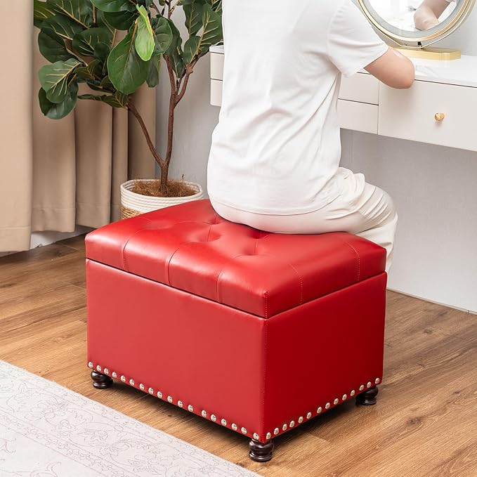 Joveco Leather Storage Ottoman, 24" Rectangle Square Bench Foot Rest Stool for Bedroom Living Room, Red-Ruum Studio Home