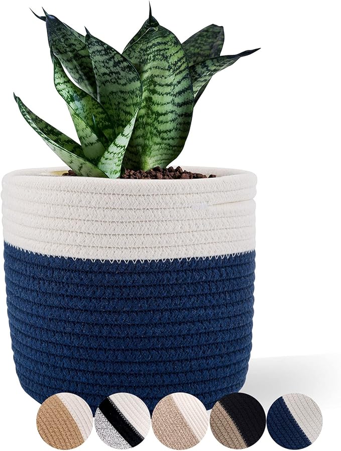 Cotton Rope Plant Basket Woven Baskets for 6" Pot Floor Indoor Planters,Rustic Home Decor H6 3/4" x W6 1/2" White Stitching Navy Blue-Ruum Studio Home