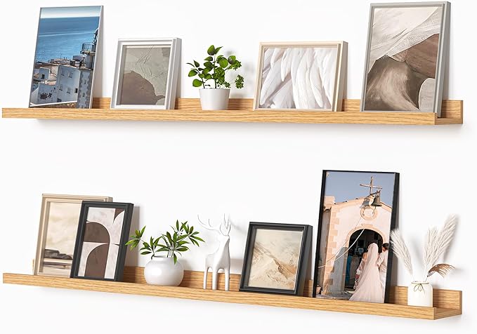 Heimlove Picture Ledge Shelf, Floating Shelves Set of 2, 48 Inches Picture Shelf for Wall with Ledge, Kids Bookshelf Wall Mounted for Living Room Bedroom Decor Books Photo Frames, Natural Oak-Ruum Studio Home
