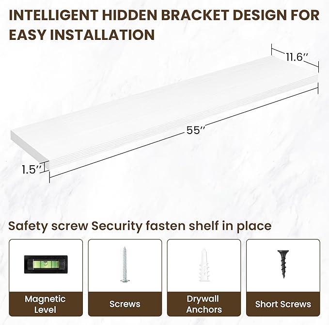 55 Inch Floating Shelves, 12 Inch Deep Floating Shelves for Wall, Floating Shelf with Invisible Brackets, 55 Inch Wide x 12 Inch Deep Wall Shelves for Bathroom, Bedroom, Living Room,1 Pack,White-Ruum Studio Home