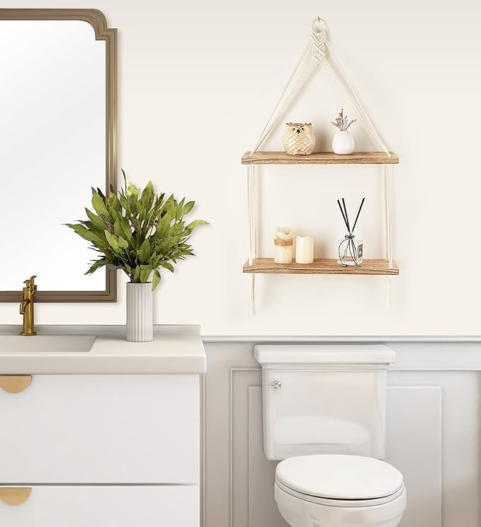 Mkono Macrame Hanging Shelf Boho Wall Decor 2 Tier Handmade Cotton Rope Rustic Wood Floating Shelves Display Photos Plants Hanging Storage Shelving for Living Room Nursery Bathroom Bedroom-Ruum Studio Home