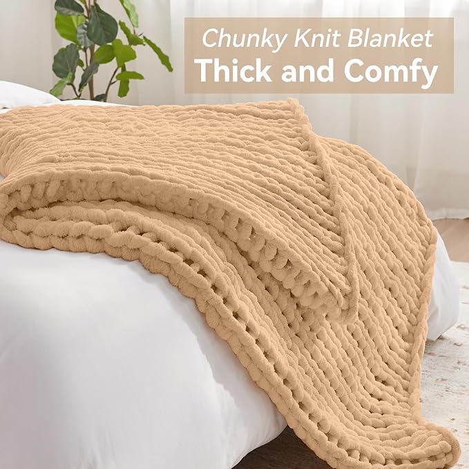 Chunky Knit Throw Blanket, 60''*80'' Knitted Throw Chenille Yarn for Bed Couch, Handmade Beige Crochet Big Thick Blanket, Machine Washable Cute Comfy Blanket for Home Decor-Ruum Studio Home