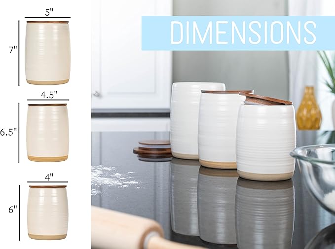 Nat & Jules Lidded Cream 6 inch Ceramic and Wood Kitchen Canisters Set of 3-Ruum Studio Home