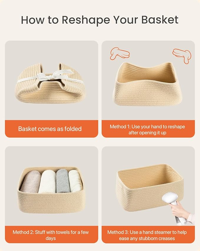 KALLAX Small Woven Basket, 12 x 8 x 4.5 Inches, Storage Basket for Organizing, Cute Small Rope Shelf Closet Cube Storage Bins Baskets for Shelves, Dog Toy Gift Baskets Empty, 3 Packs, Beige-Ruum Studio Home