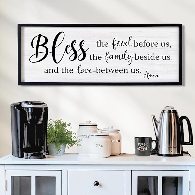 Bless the Food Before Us, the Family Beside Us, and the Love between us Framed Wall Art for Dining Room, 40''×15'' Holy Positive Religious Rustic Bible Verse for Christian God Jesus Christ Prayer-Ruum Studio Home