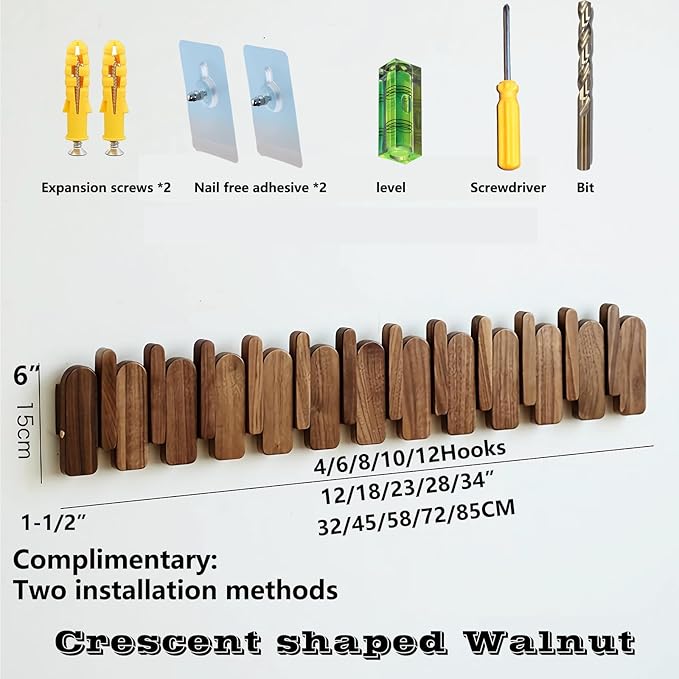 Wall Mounted Piano Key Hanger | Flip Style Hook | Entrance Wall Art Hook, Made of Oak Wood (3 Times Painted, 4 Times Polished) (Arc Walnut-Beech, 6Hooks)-Ruum Studio Home