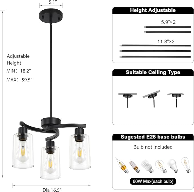 3 Light Modern Dining Chandeliers Over Table，Black Light Fixture for Dining Room，Farmhouse Chandelier with Glass Shade，Industrial Pendant Lighting for Kitchen Island，Foyer,Hallway, Bedroom-Ruum Studio Home