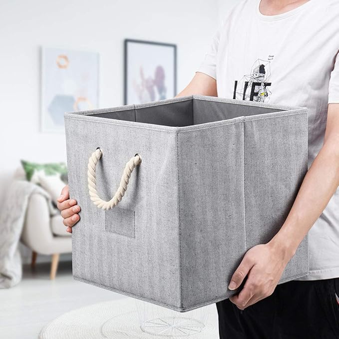 Robuy Cube Storage Bins,Grey Fabric Foldable Storage Bins,Set of 3 Stroage Boxes with Cotton Rope Handles for Organizer Home,Office, Nursery 13x13x13 inch-Ruum Studio Home