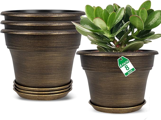 Plant Planters Pots Set of 4 Pack 8 Inch, Plastic Flower Pot for Indoor Plants with Drainage Holes & Trays, Resin Decorative Container Sets with Saucer for House Outdoor Garden Planters Dark Gold-Ruum Studio Home