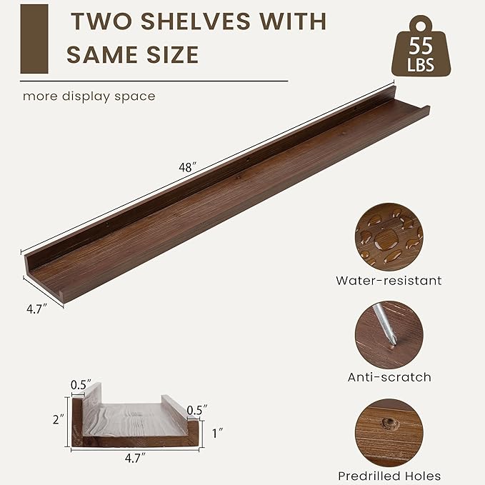 Floating Shelves for Wall, Picture Ledge Shelf 48 Inch Solid Wood Set of 2, Rustic Wall Shelves with Lip, Kids Bookshelf, Photo & Picture Live Edge Floating Shelves for Bedroom, Living Room, Kitchen-Ruum Studio Home